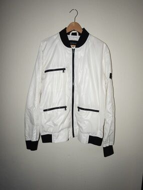 Calvin Klein Jeans White Bomber Jacket | Black Trim | Size XL